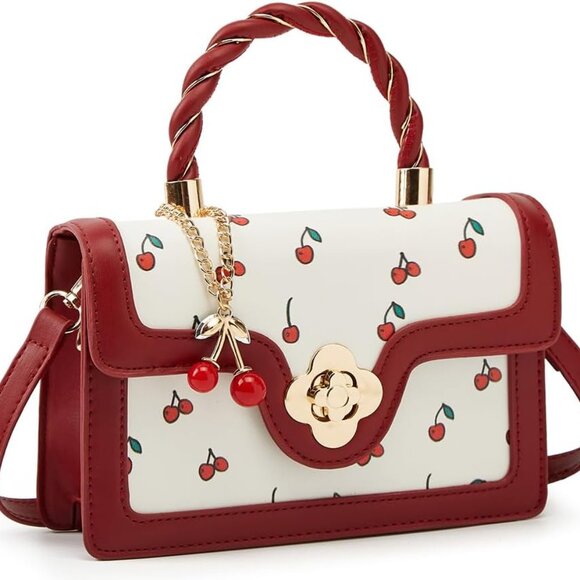 Chic Vegan Leather Crossbody Bag with Cherry Pattern - Stylish Satchel Tote - Picture 2 of 7